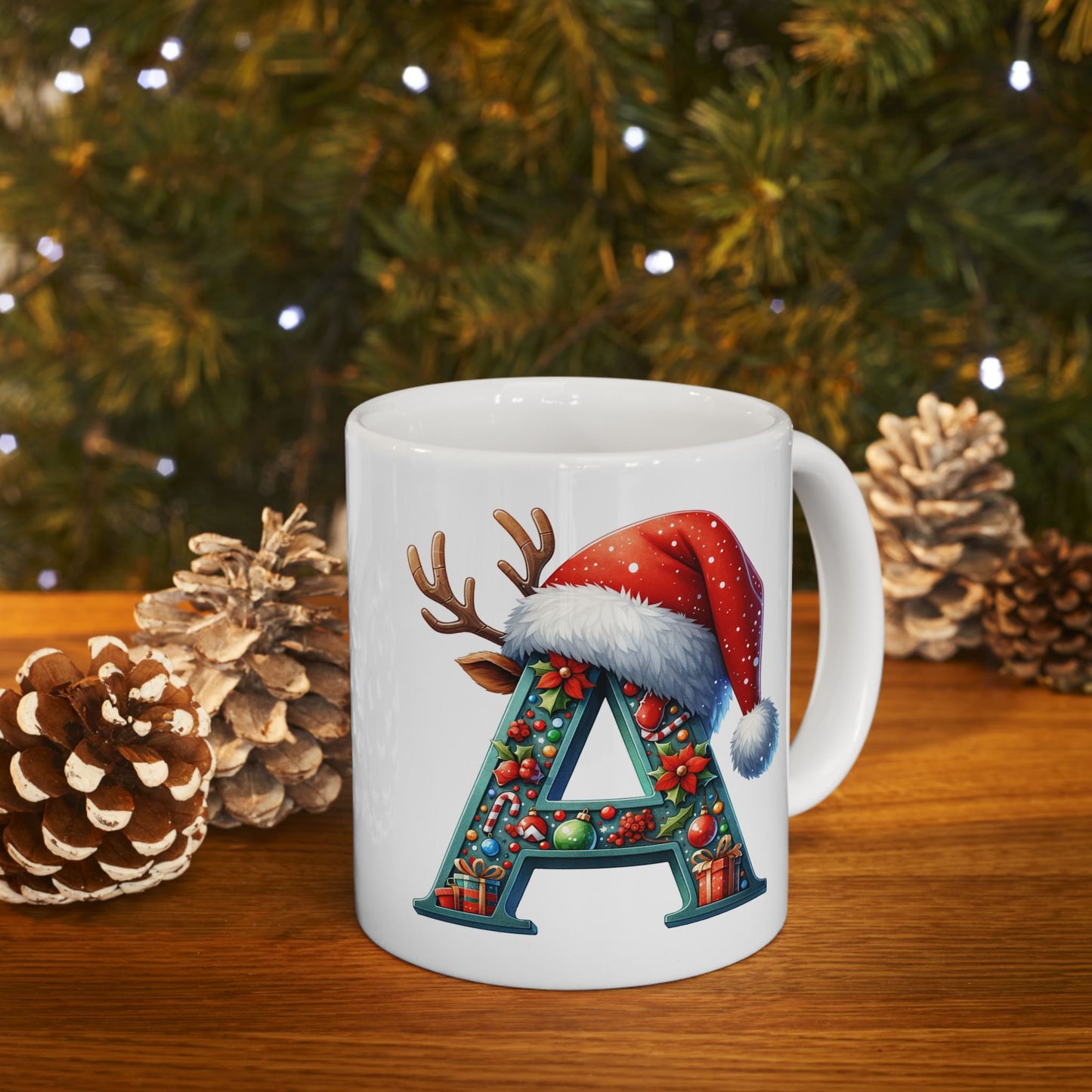 Christmas Festive Holiday Santa Hat Ceramic Coffee Mug (11oz) — Alphabet A