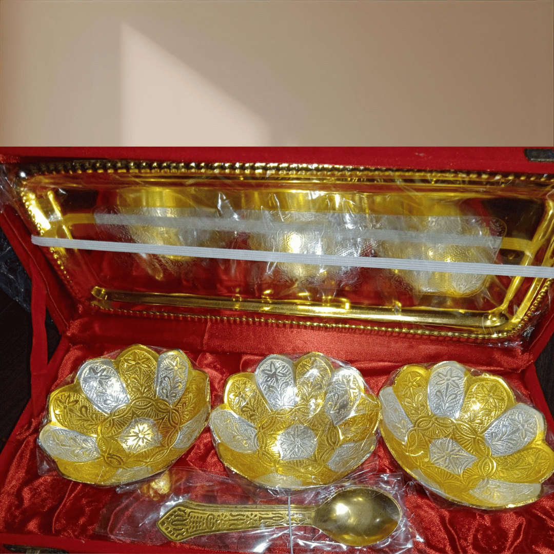 German Silver & Gold Plated Lotus Design Three Bowl Set with Tray & Spoons | Premium 7 Pcs Gift Set | GS115