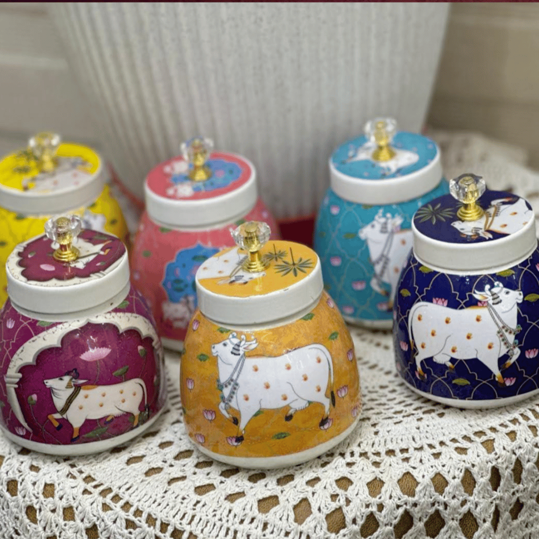 Pichwai Basket Gold Plated with Jar – 6 Inch Decorative Gift Basket with Handle & Cardboard Box Packing | GS123