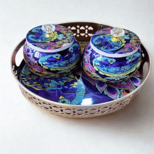 Pichwai Basket with Meena Print & 2 Jars – Festive Gift Hamper (8” & 10”) | GS122