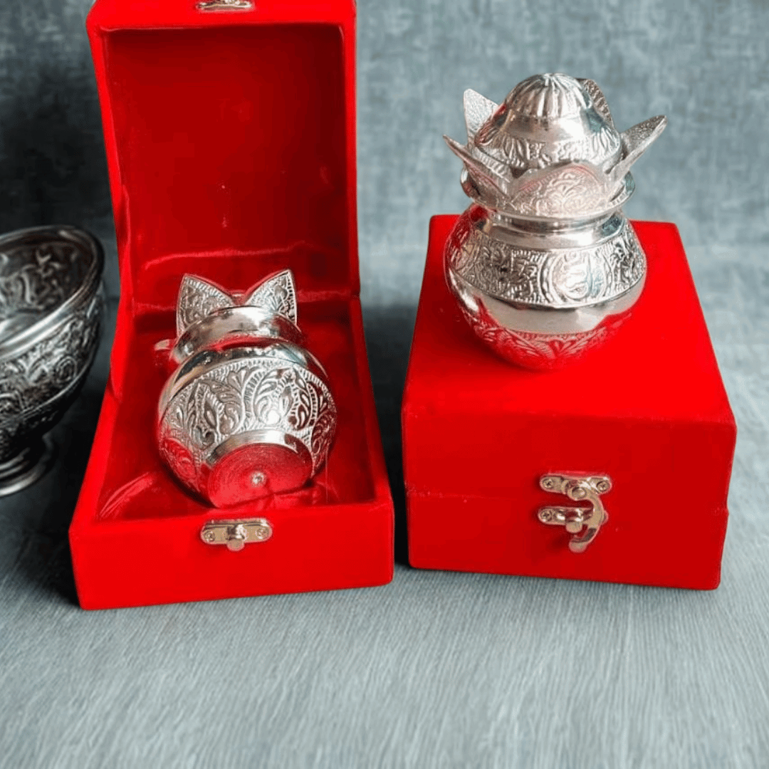 German Silver Kalash with Coconut & Leaves β Decorative Pooja Kalash for Gifting (with Velvet Box Packing)