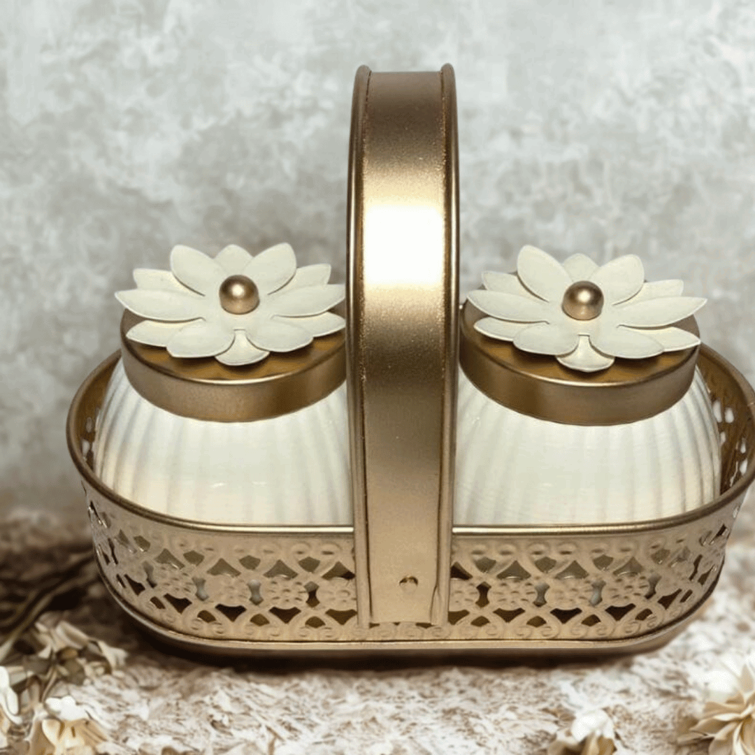Premium Decorative Metal Jar Set with Floral Lid & Handle Basket – Golden White | Elegant Storage Container Set for Home & Gifting