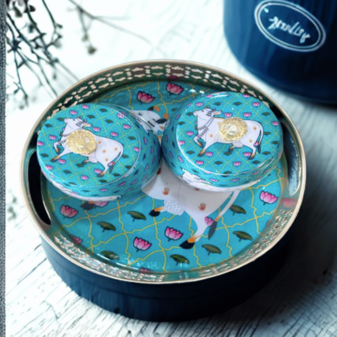 Pichwai Basket with Meena Print & 2 Jars – Festive Gift Hamper (8”)