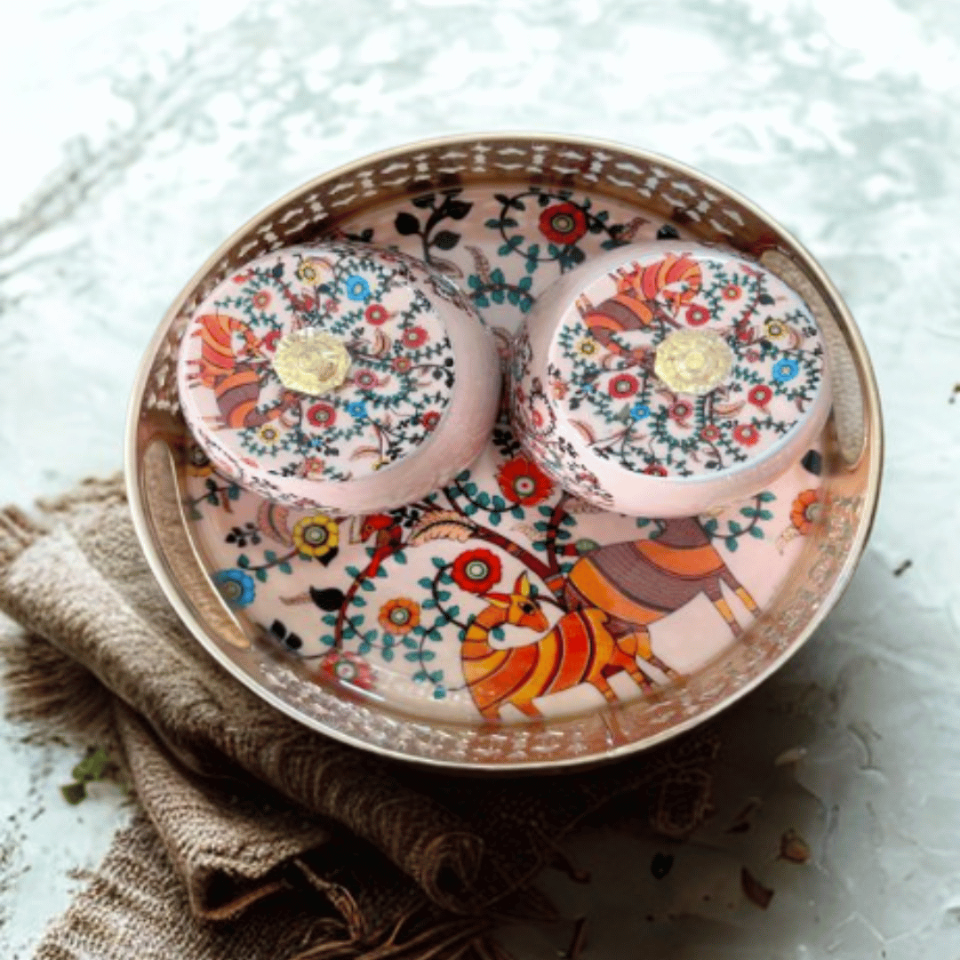 Pichwai Basket with Meena Print & 2 Jars – Festive Gift Hamper (8” & 10”) | GS122