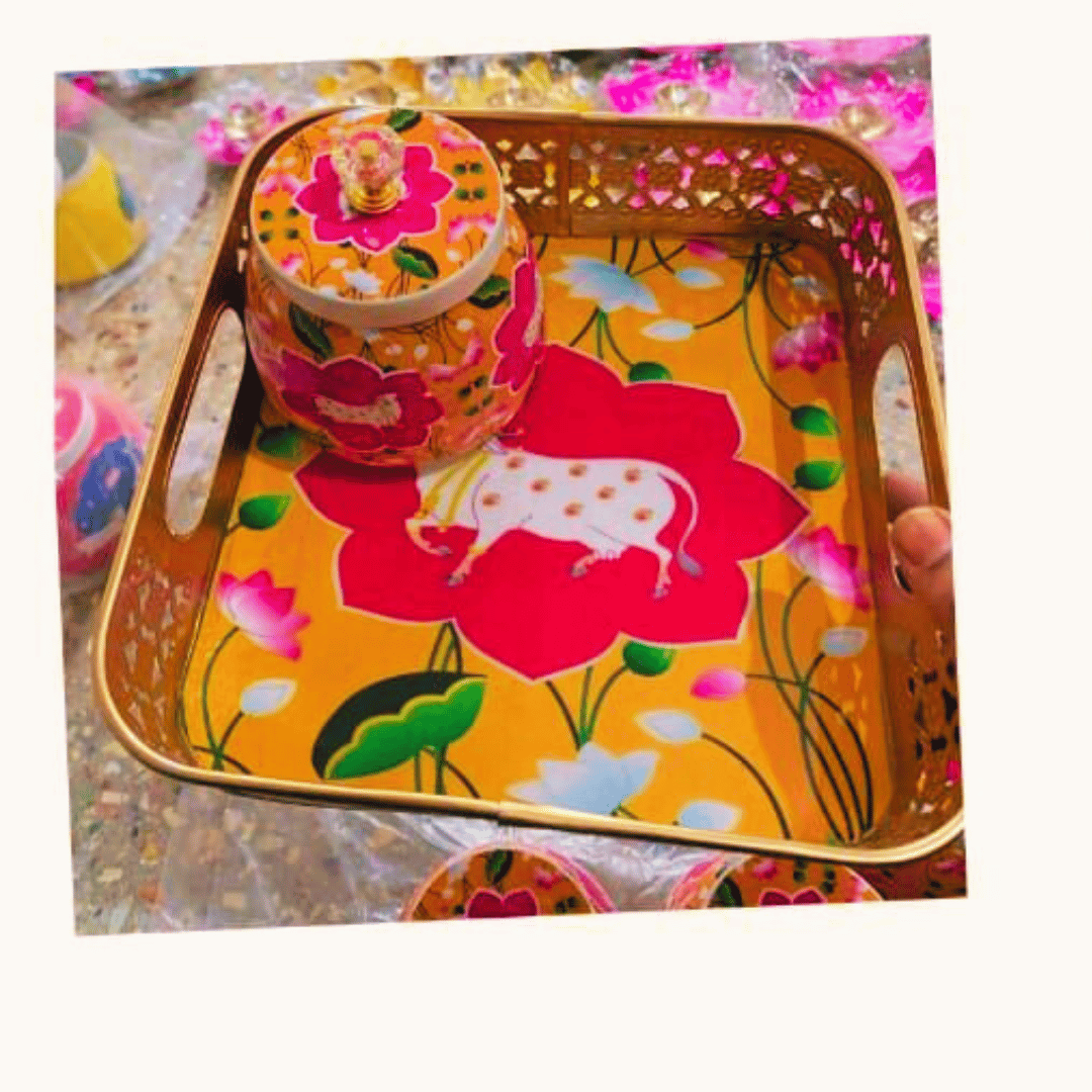 Pichwai square Basket with Meena Print & 1 Jars – Festive Gift Hamper