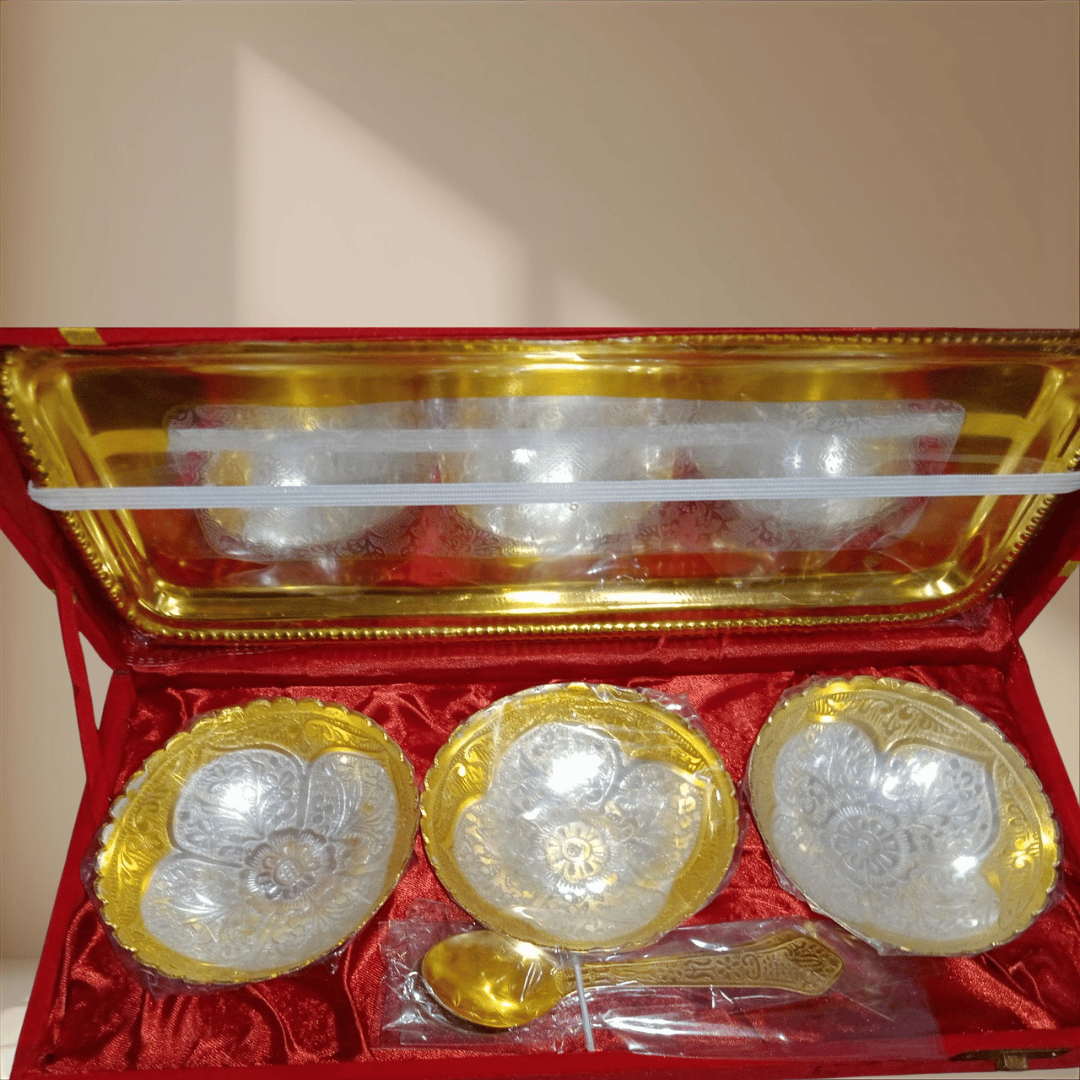 German Silver & Gold Plated Flower Design Three Bowl Set with Tray & Spoons | Premium 7 Pcs Gift Set
