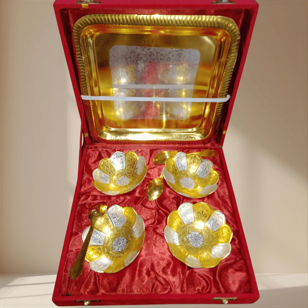 German Silver & Gold Plated Lotus Design Four Bowl Set with Tray & Spoons | Premium 10 Pcs Gift Set | GS117