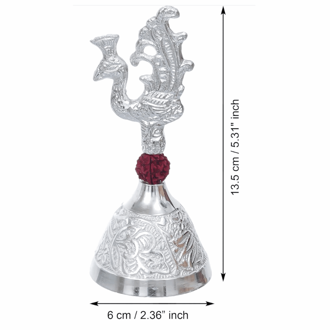 German Silver Pooja Bell with Rudraksha Handle β Temple Ghanti in Designer Box
