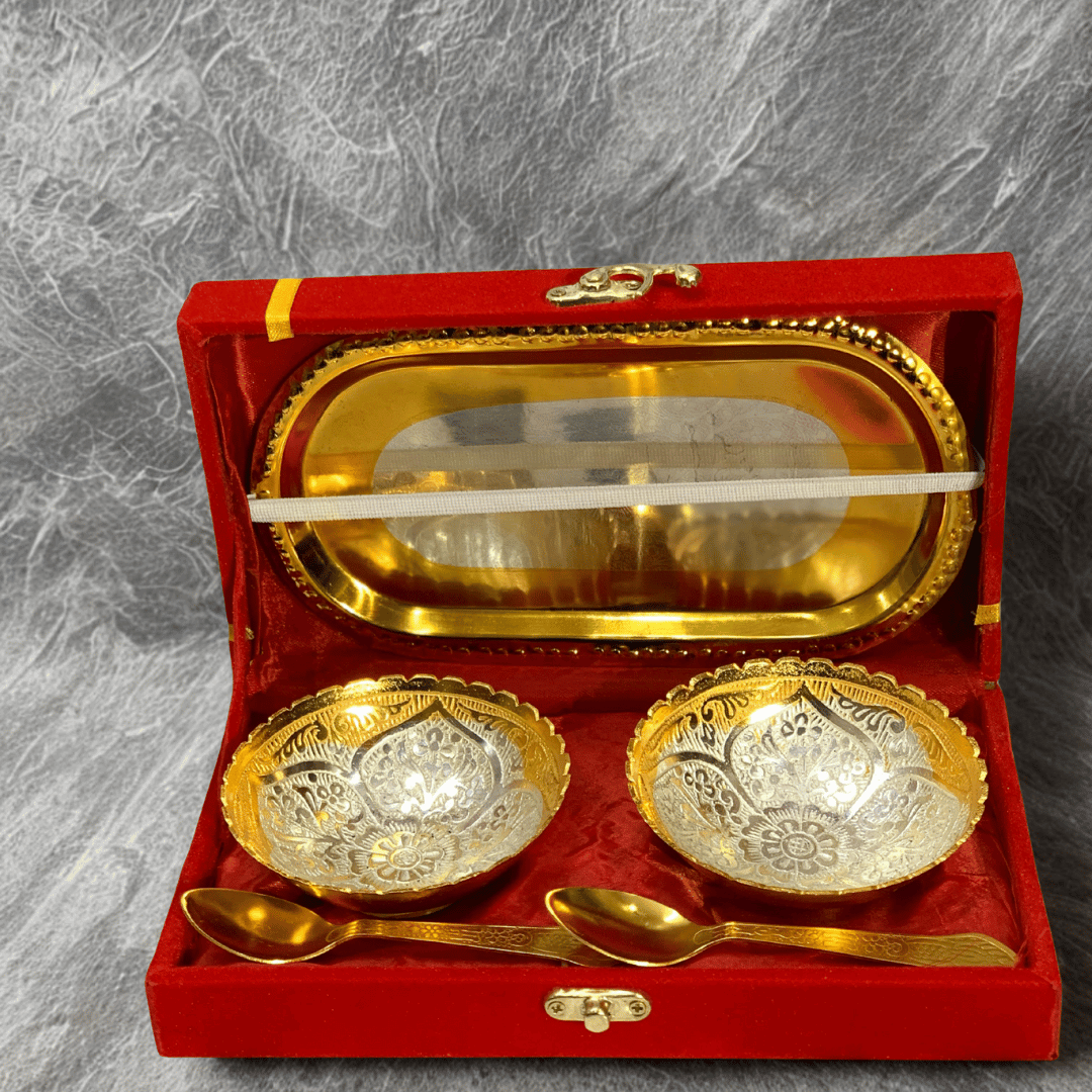 German Silver and Gold Plated flower Design Two Bowl Set with Tray & Spoons | Premium 5 Pcs Gift Set