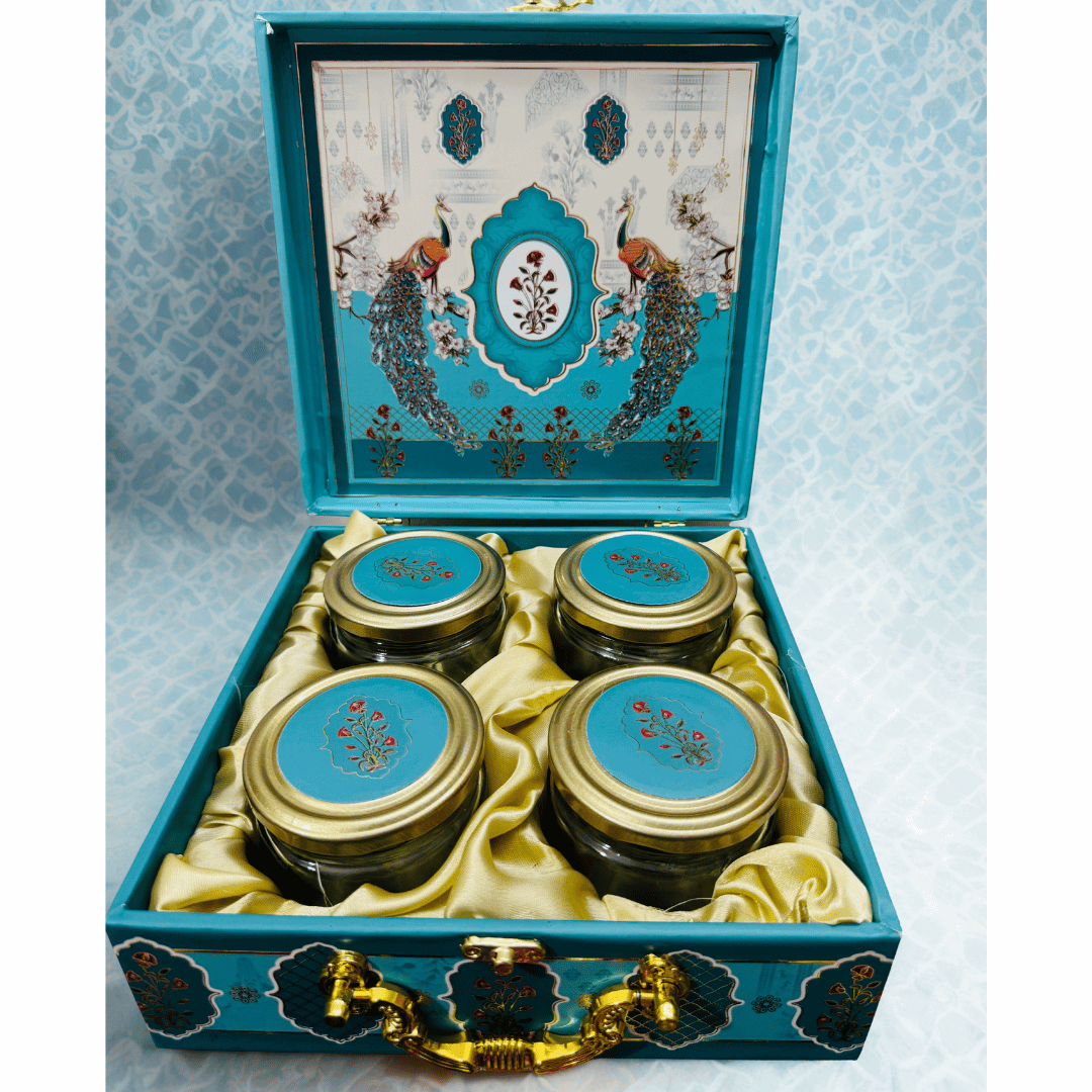 Royal Indulgence 4 IN 1 Jar Box Gift Hamper – Luxury Chocolates, Kunafa from Dubai, Protein Bar & Custom Festive Gifting