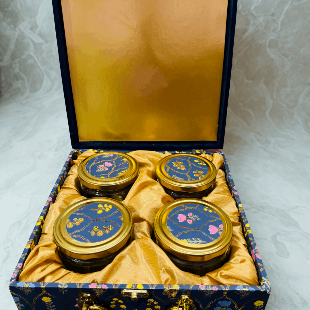 Luxury Box 4 IN 1 Jar Gift Hamper | Premium Chocolates, Kunafa from Dubai, Protein Bar & Teas