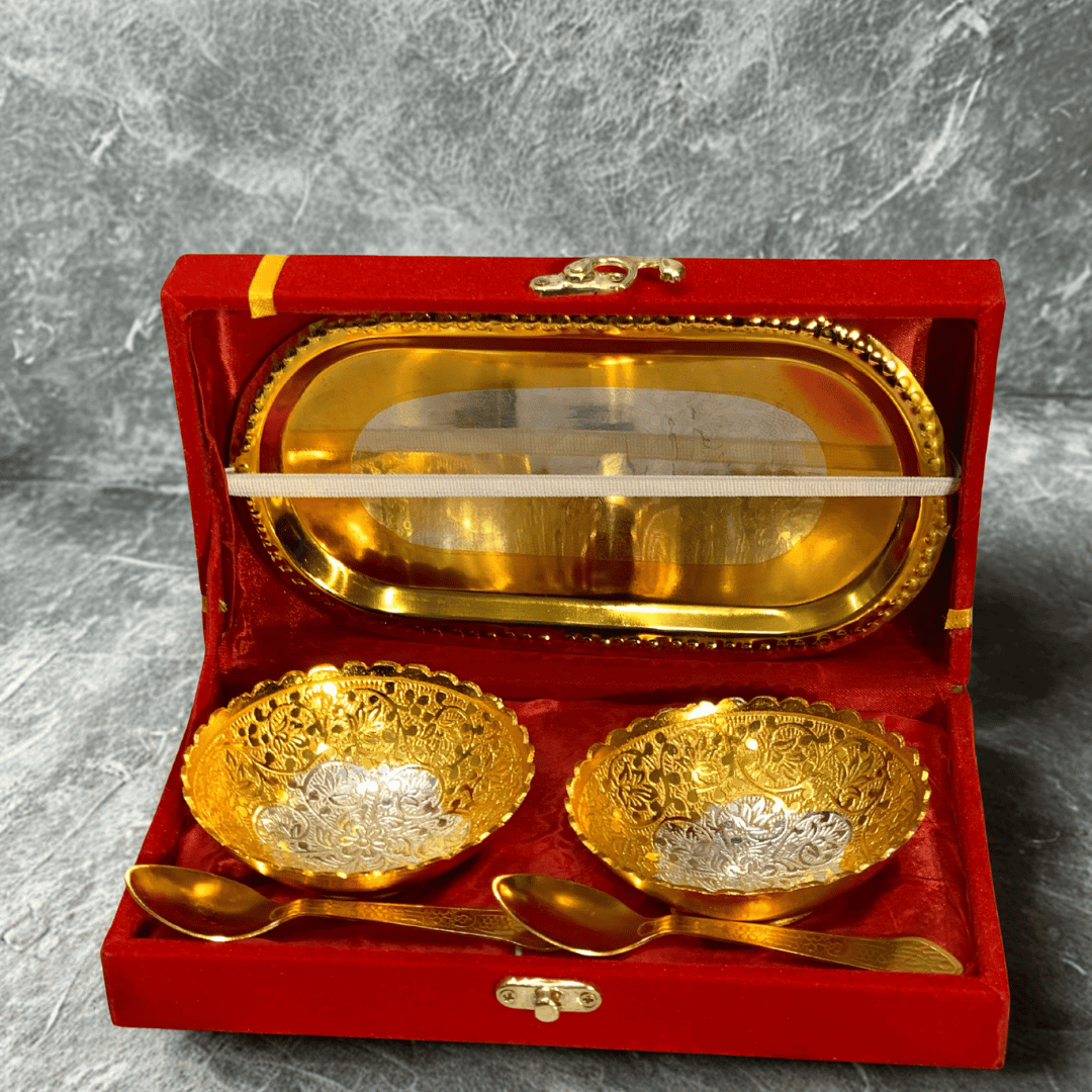 German Silver and Gold Plated flower Design Two Bowl Set with Tray & Spoons | Premium 5 Pcs Gift Set | GS111