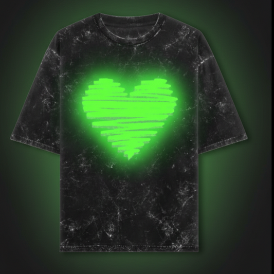 Glow-In-The-Dark Red Heart Unisex Acid Washed Oversized T-Shirt