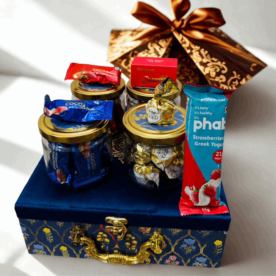 Gift hamper with chocolates from UAE, kunafa, protein bar in a premium decorative box