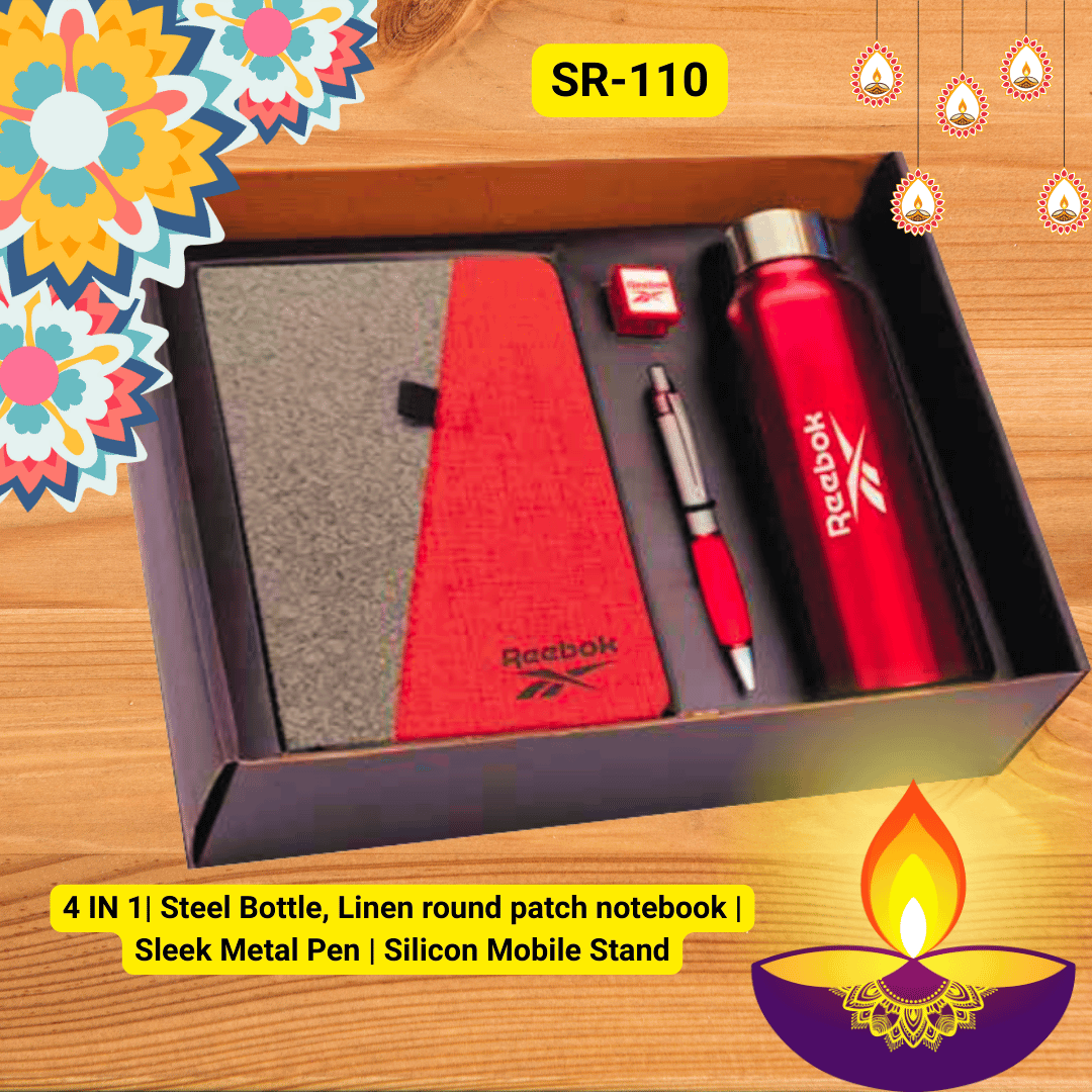 4 IN 1 | Premium Corporate Diwali Gift Set β Steel Bottle, Linen Notebook, Metal Pen & Mobile Stand,corporate gift ideas for customers