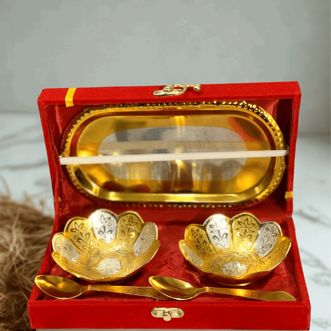 German Silver & Gold Plated Lotus Design Two Bowl Set with Tray & Spoons | Premium 5 Pcs Gift Set