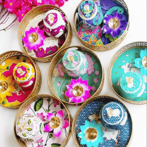 Pichwai Basket with Meena Print Jar & Colorful Lotus Diya – Festive Gift Hamper | Diwali, Wedding & Corporate Gifts