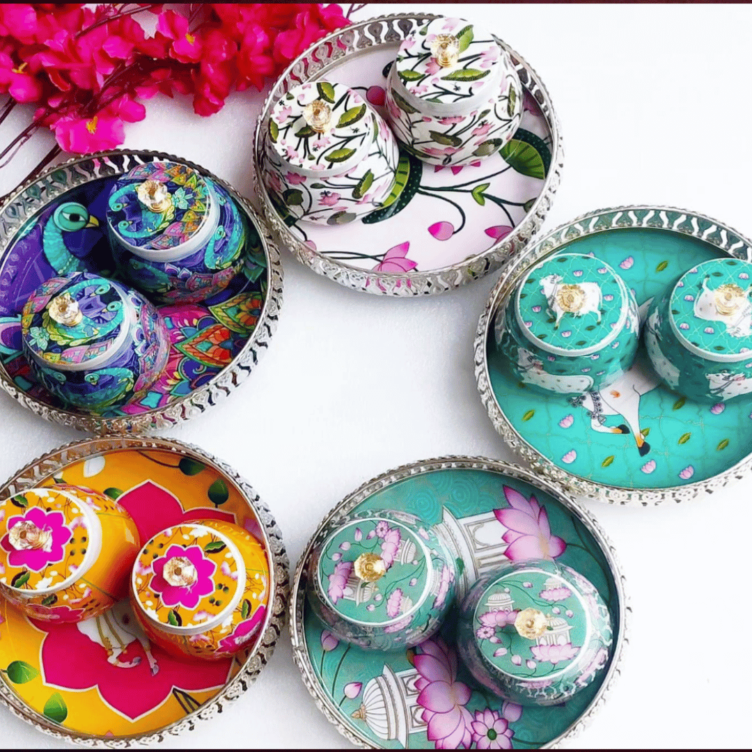 Pichwai Basket with Meena Print & 2 Jars – Festive Gift Hamper (8” & 10”) | GS122