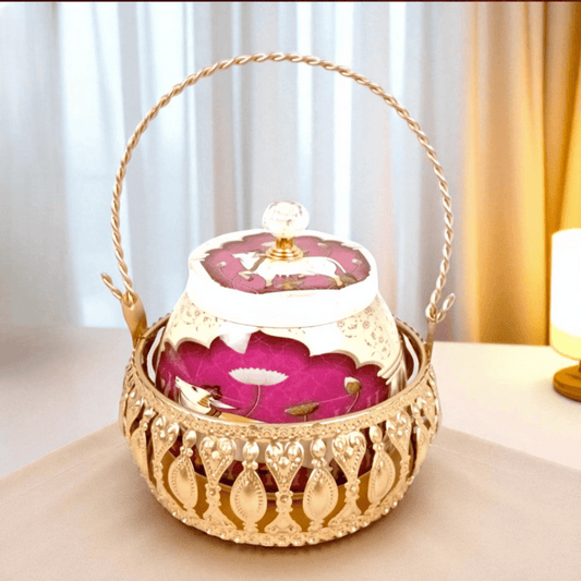 Pichwai Basket Gold Plated with Jar – 6 Inch Decorative Gift Basket with Handle & Cardboard Box Packing | GS123