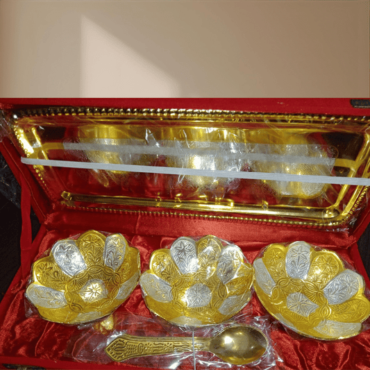 German Silver & Gold Plated Lotus Design Three Bowl Set with Tray & Spoons | Premium 7 Pcs Gift Set | GS115