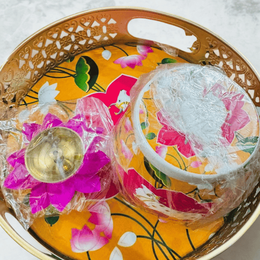 Pichwai Basket with Meena Print Jar & Colorful Lotus Diya – Festive Gift Hamper | Diwali, Wedding & Corporate Gifts