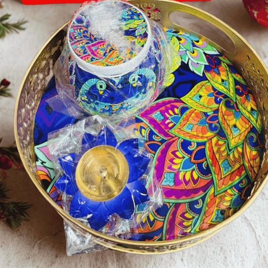 Pichwai Basket with Meena Print Jar & Colorful Lotus Diya – Festive Gift Hamper | Diwali, Wedding & Corporate Gifts | Peacock design