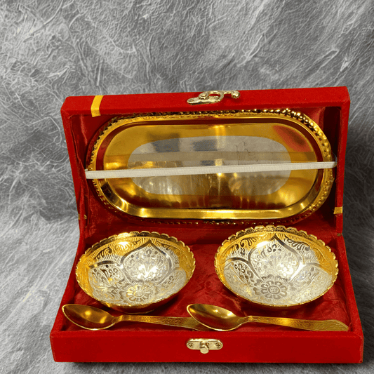 German Silver and Gold Plated flower Design Two Bowl Set with Tray & Spoons | Premium 5 Pcs Gift Set | GS111