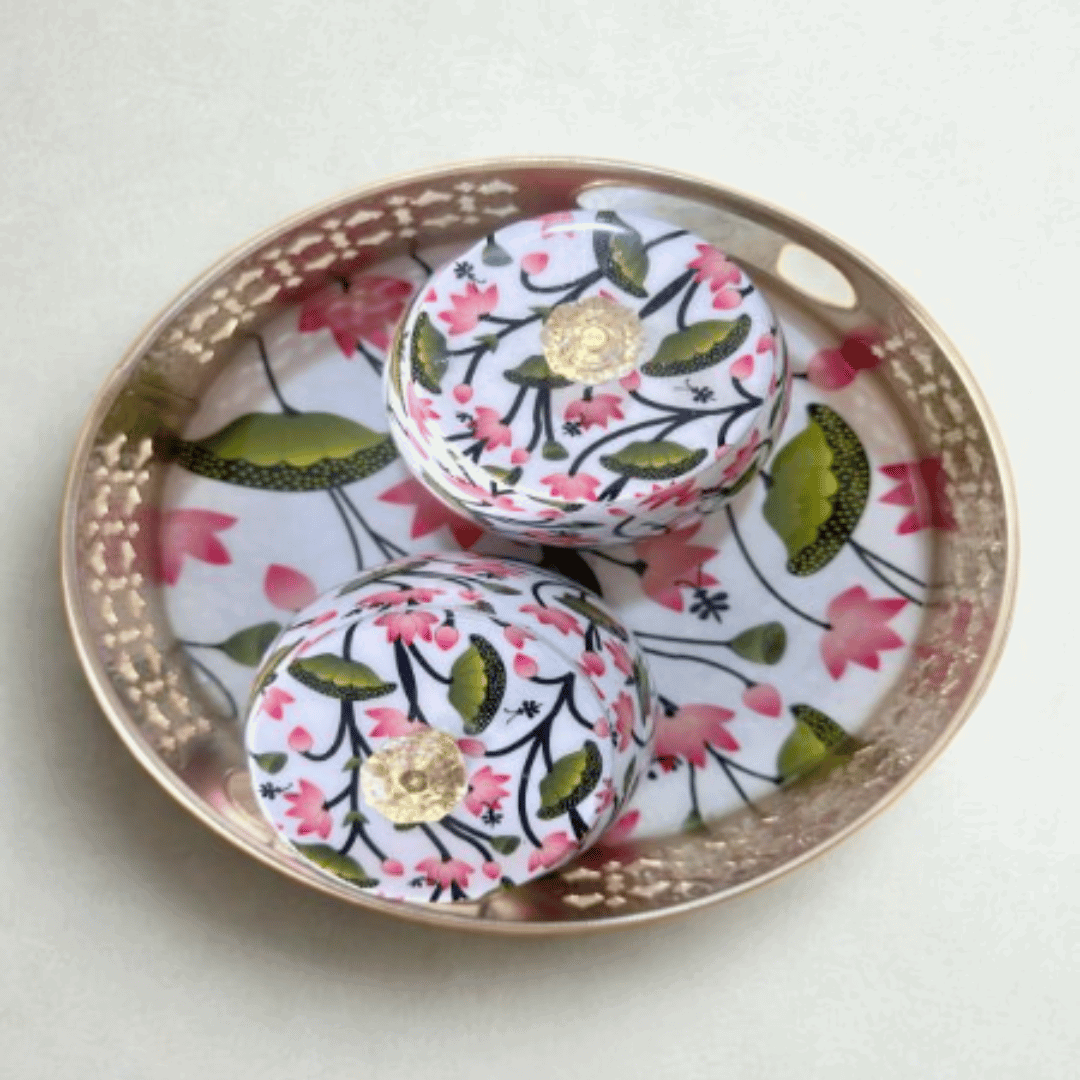 Pichwai Basket with Meena Print & 2 Jars – Festive Gift Hamper (8” & 10”) | GS122