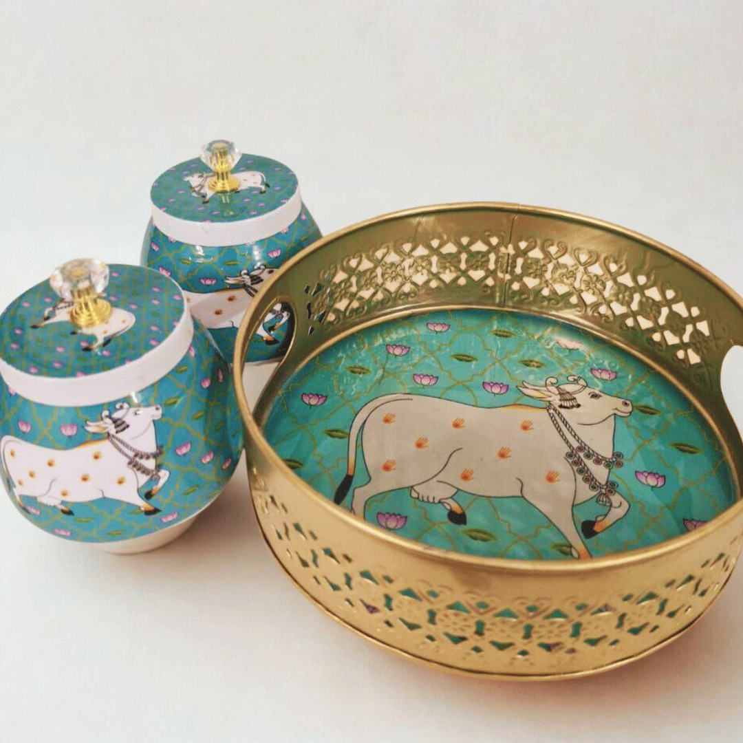 Pichwai Basket with Meena Print & 2 Jars – Festive Gift Hamper (8”)