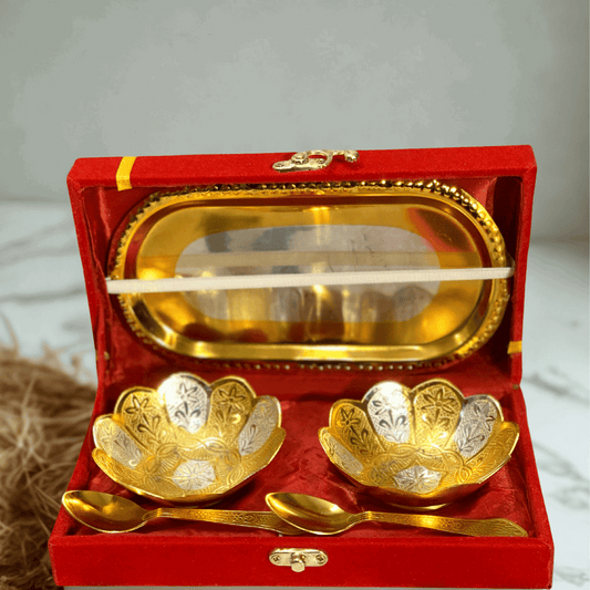 German Silver & Gold Plated Lotus Design Two Bowl Set with Tray & Spoons | Premium 5 Pcs Gift Set | GS114