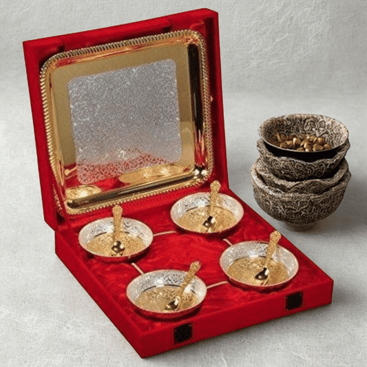 German Silver & Gold Plated Flower Design Four Bowl Set with Tray & Spoons | Premium 10 Pcs Gift Set | GS118