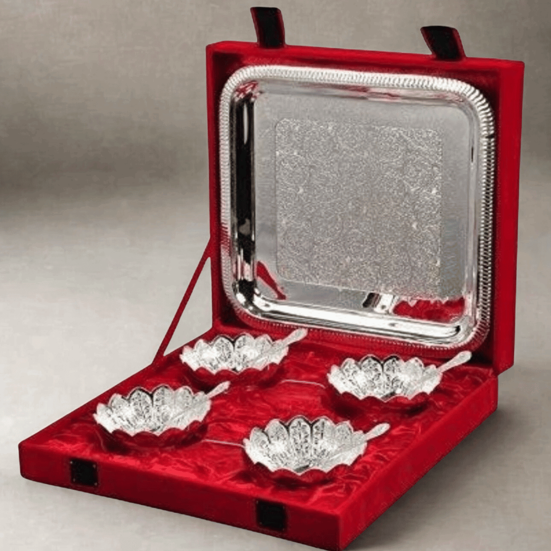 German Silver Plated Lotus Design Four Bowl Set with Tray & Spoons | Premium 10 Pcs Gift Set | GS119