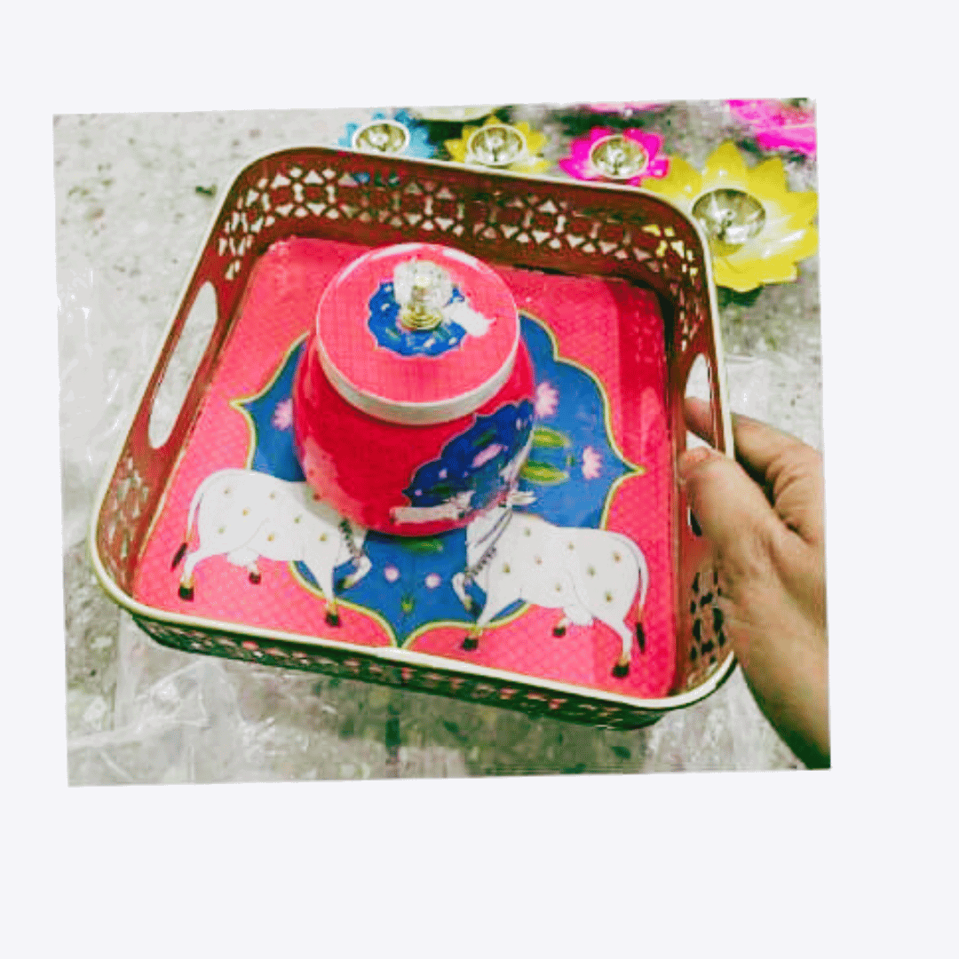 Pichwai square Basket with Meena Print & 1 Jars – Festive Gift Hamper