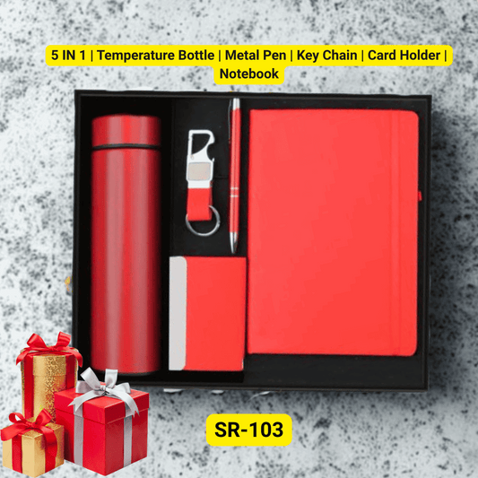 5-in-1 Premium Custom Corporate Gift Set – Temperature Bottle, Metal Pen, Key Chain, Card Holder & Notebook