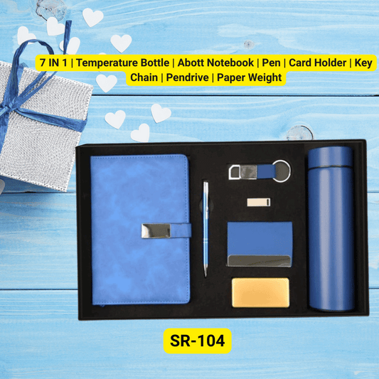 7-in-1 Premium Custom Corporate Gift Set – Temperature Bottle, Abott Notebook, Pen, Card Holder, Key Chain, Pendrive & Paper Weight