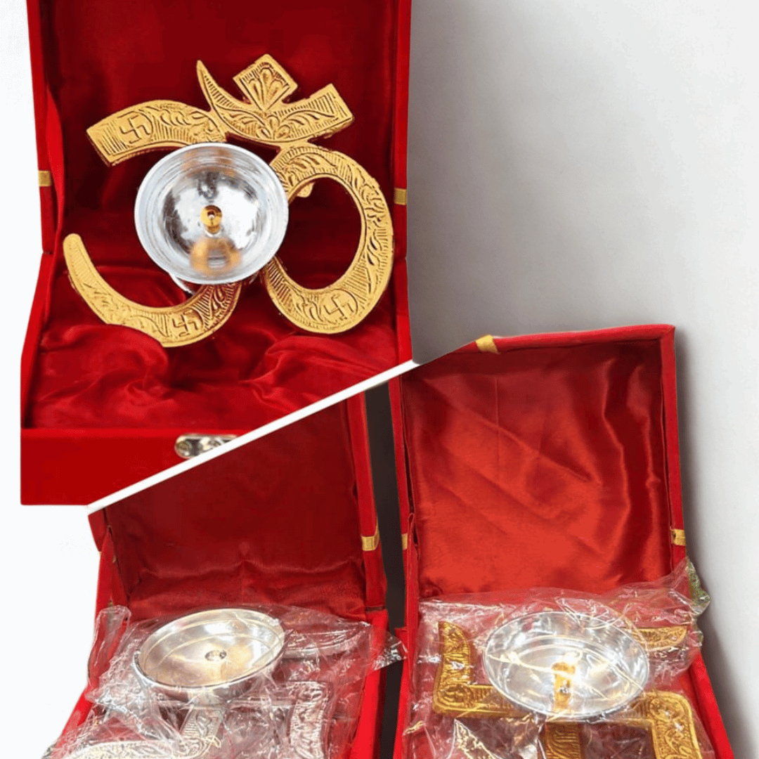 Premium Om & Swastik Decorative Diya Gift Box Set – Golden Brass Finish Pooja Diyas with Velvet Case | Diwali, Wedding & Festive Gifting