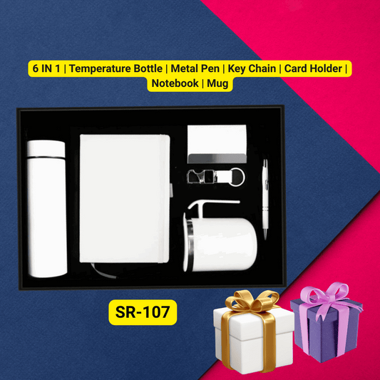 6-in-1 Luxury Custom Corporate Gift Set – Temperature Bottle, Mug, Notebook, Pen, Key Chain & Card Holder