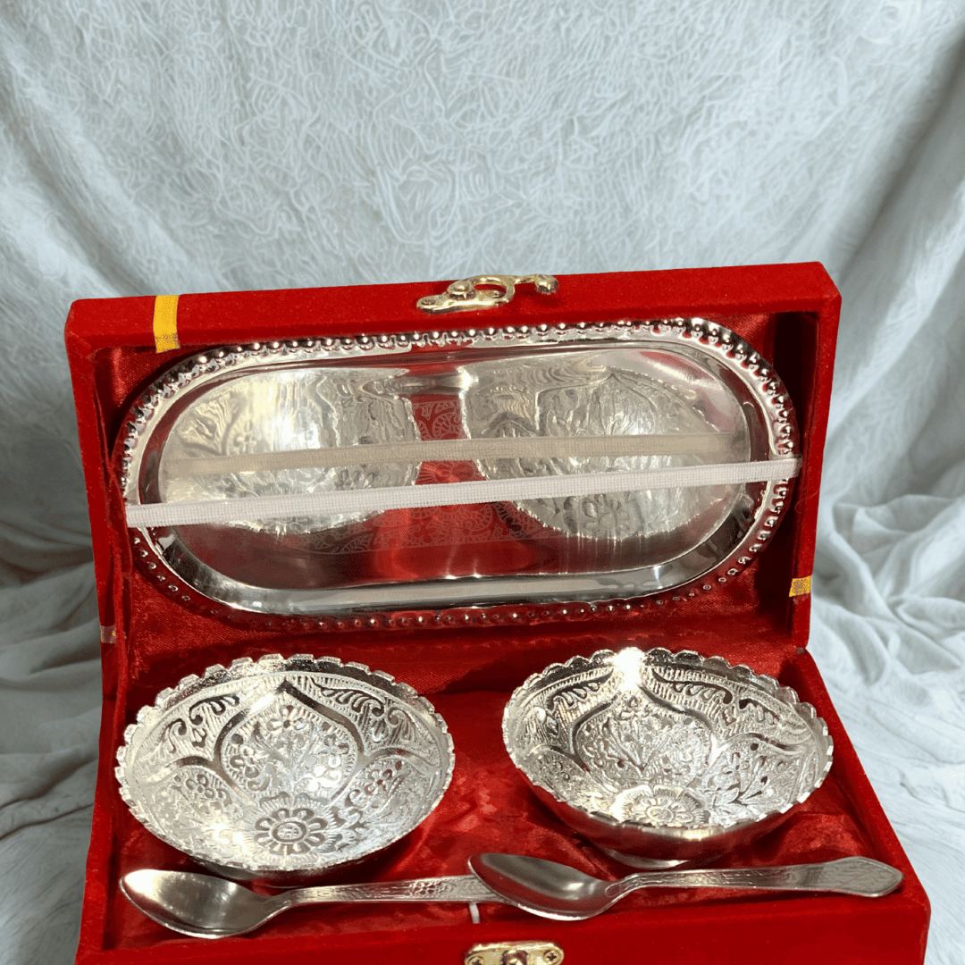 German Silver Plated flower Design Two Bowl Set with Tray & Spoons | Premium 5 Pcs Gift Set | GS112