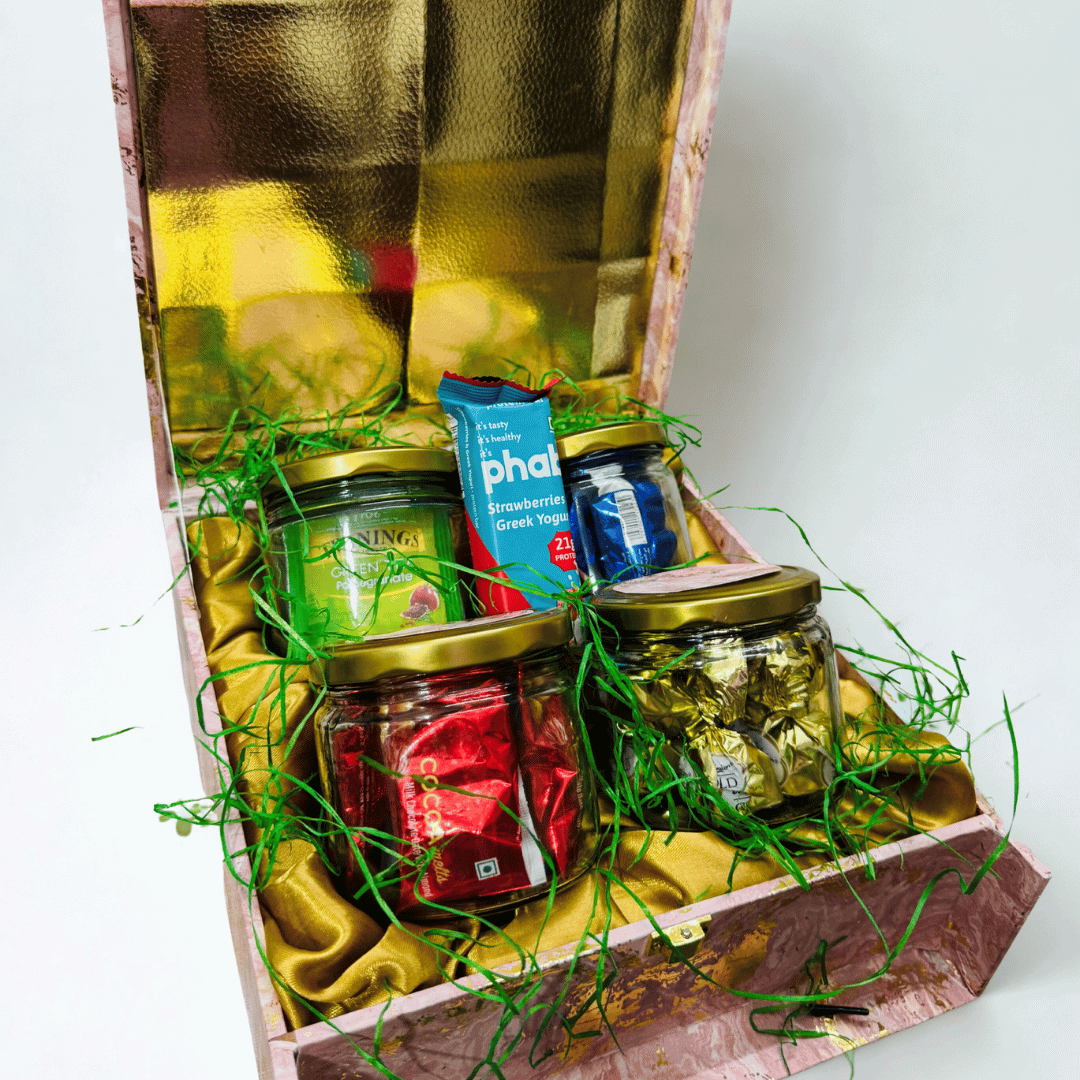 Luxury Suitcase Style 4-in-1 Jar Gift Hamper – Kunafa from Dubai, Premium Chocolates, Dates & Teas