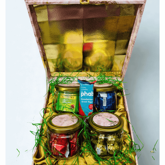 Luxury Suitcase Style 4-in-1 Jar Gift Hamper – Kunafa from Dubai, Premium Chocolates, Dates & Teas