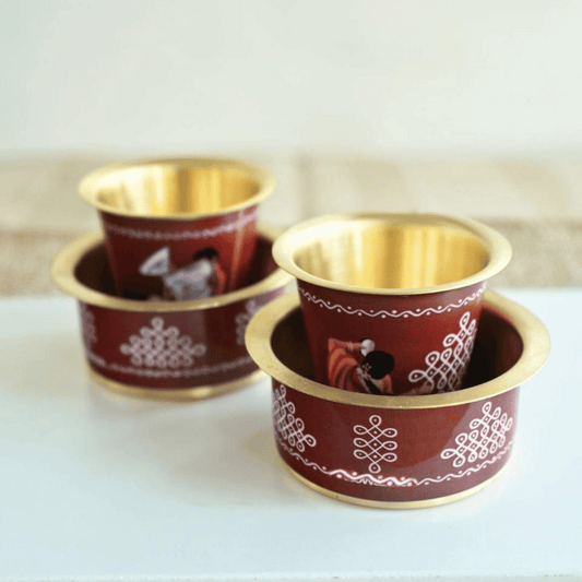 Pichwai Design Brass Coffee Dabara Set – Gold Plated South Indian Filter Coffee Tumbler with Corrugated Box