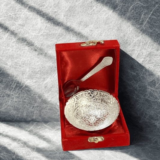 Premium Silver Plated Bowl with Spoon | Decorative Gift Set in Velvet Box | GS103
