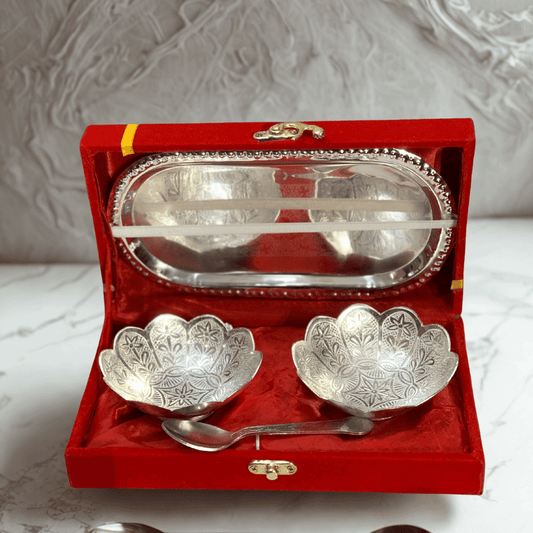 German Silver Plated Lotus Design Two Bowl Set with Tray & Spoons | Premium 5 Pcs Gift Set | GS113