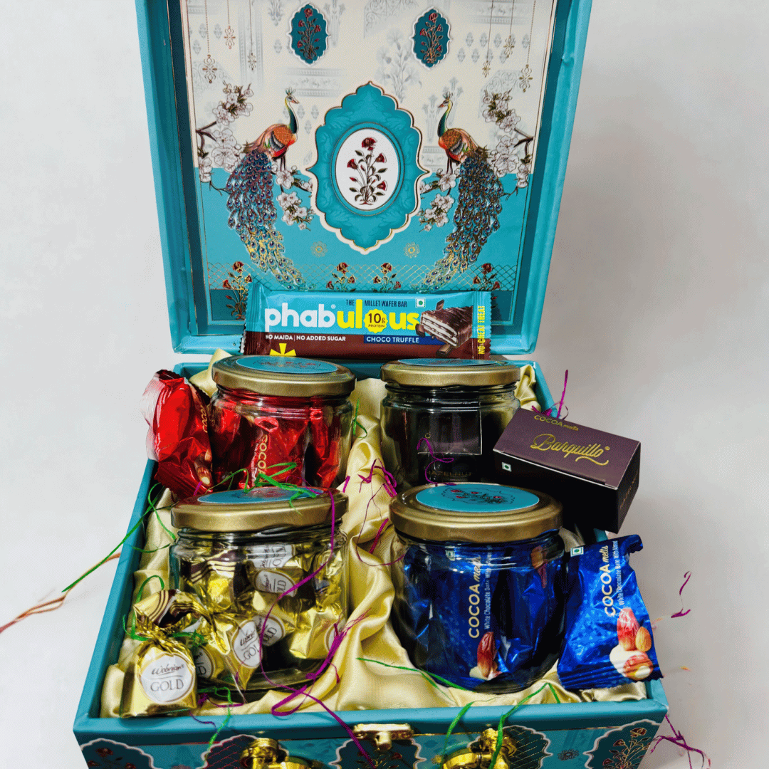 Royal Indulgence 4 IN 1 Jar Box Gift Hamper – Luxury Chocolates, Kunafa from Dubai, Protein Bar & Custom Festive Gifting