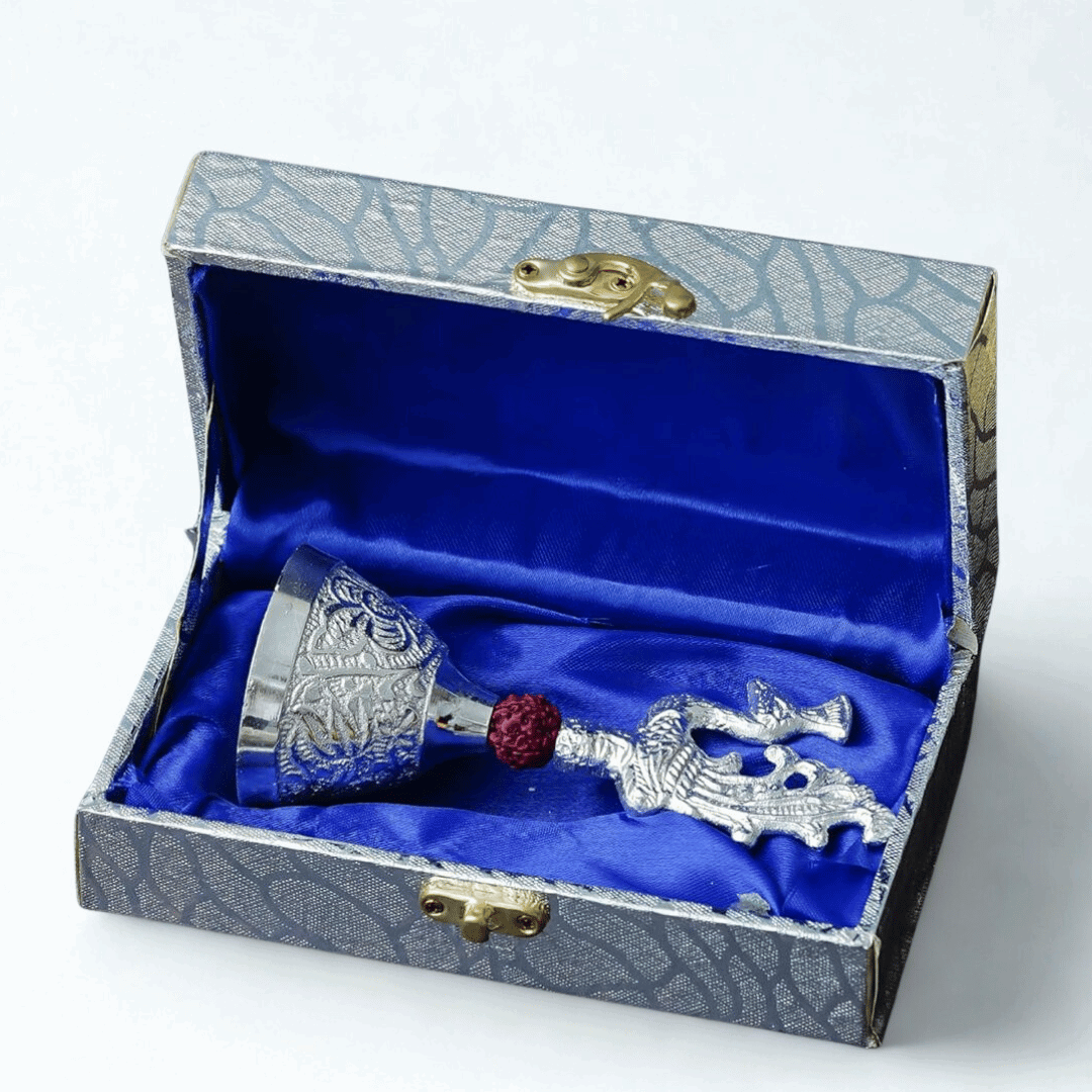 German Silver Pooja Bell with Rudraksha Handle – Temple Ghanti in Designer Box
