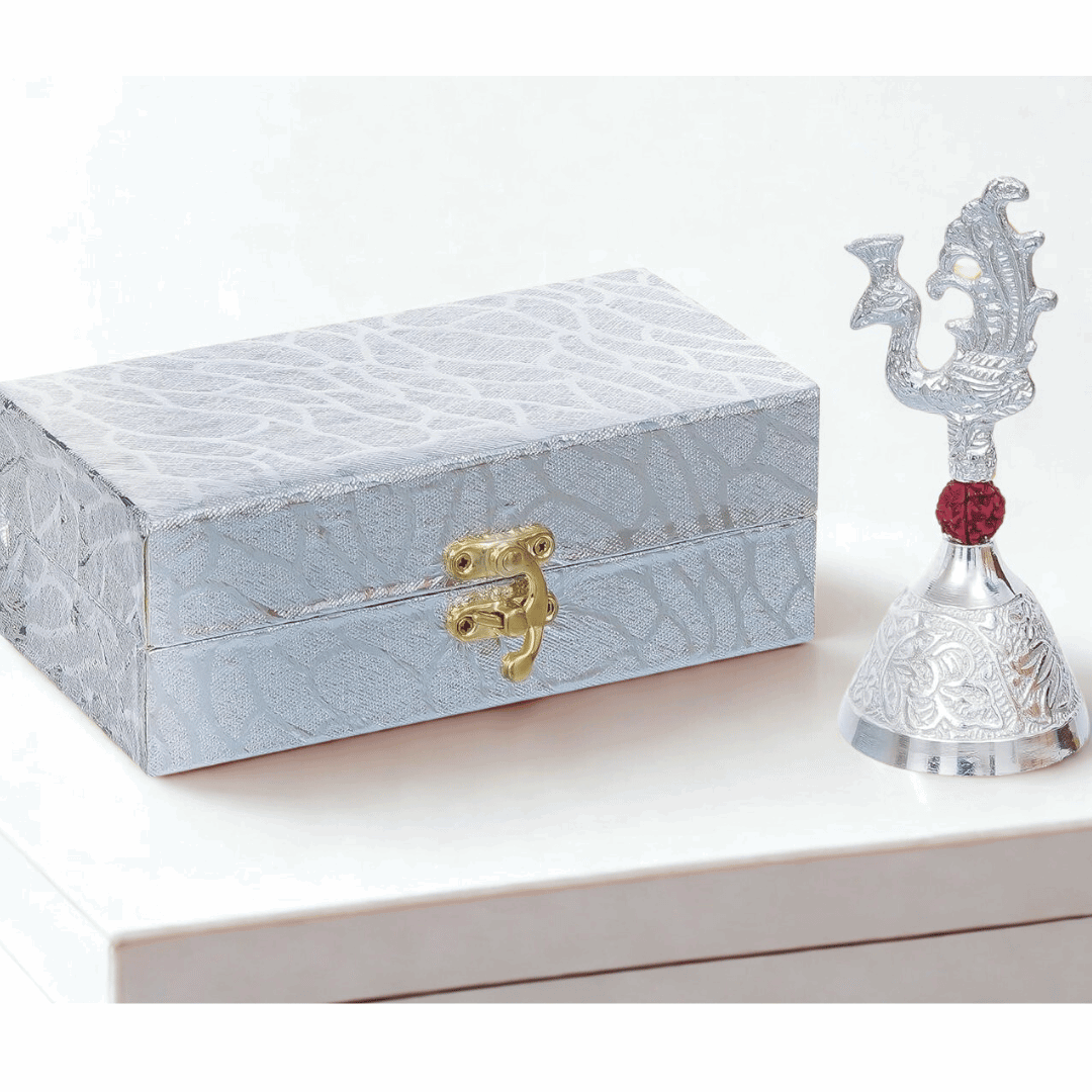 German Silver Pooja Bell with Rudraksha Handle – Temple Ghanti in Designer Box