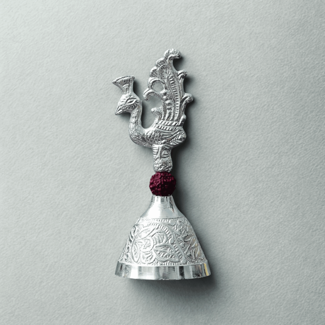 German Silver Pooja Bell with Rudraksha Handle – Temple Ghanti in Designer Box