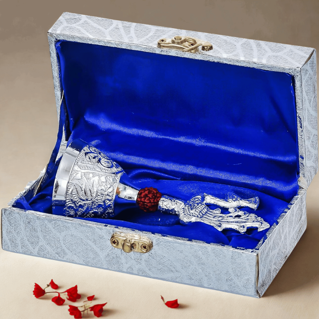 German Silver Pooja Bell with Rudraksha Handle – Temple Ghanti in Designer Box