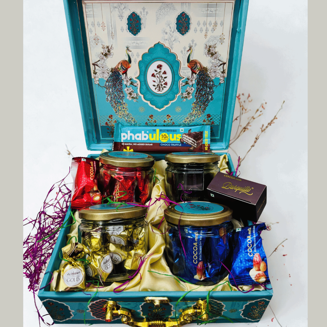 Royal Indulgence 4 IN 1 Jar Box Gift Hamper – Luxury Chocolates, Kunafa from Dubai, Protein Bar & Custom Festive Gifting