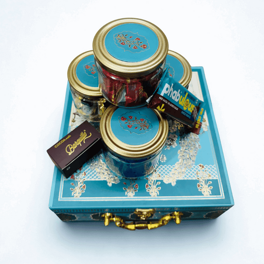 Royal Indulgence 4 IN 1 Jar Box Gift Hamper – Luxury Chocolates, Kunafa from Dubai, Protein Bar & Custom Festive Gifting